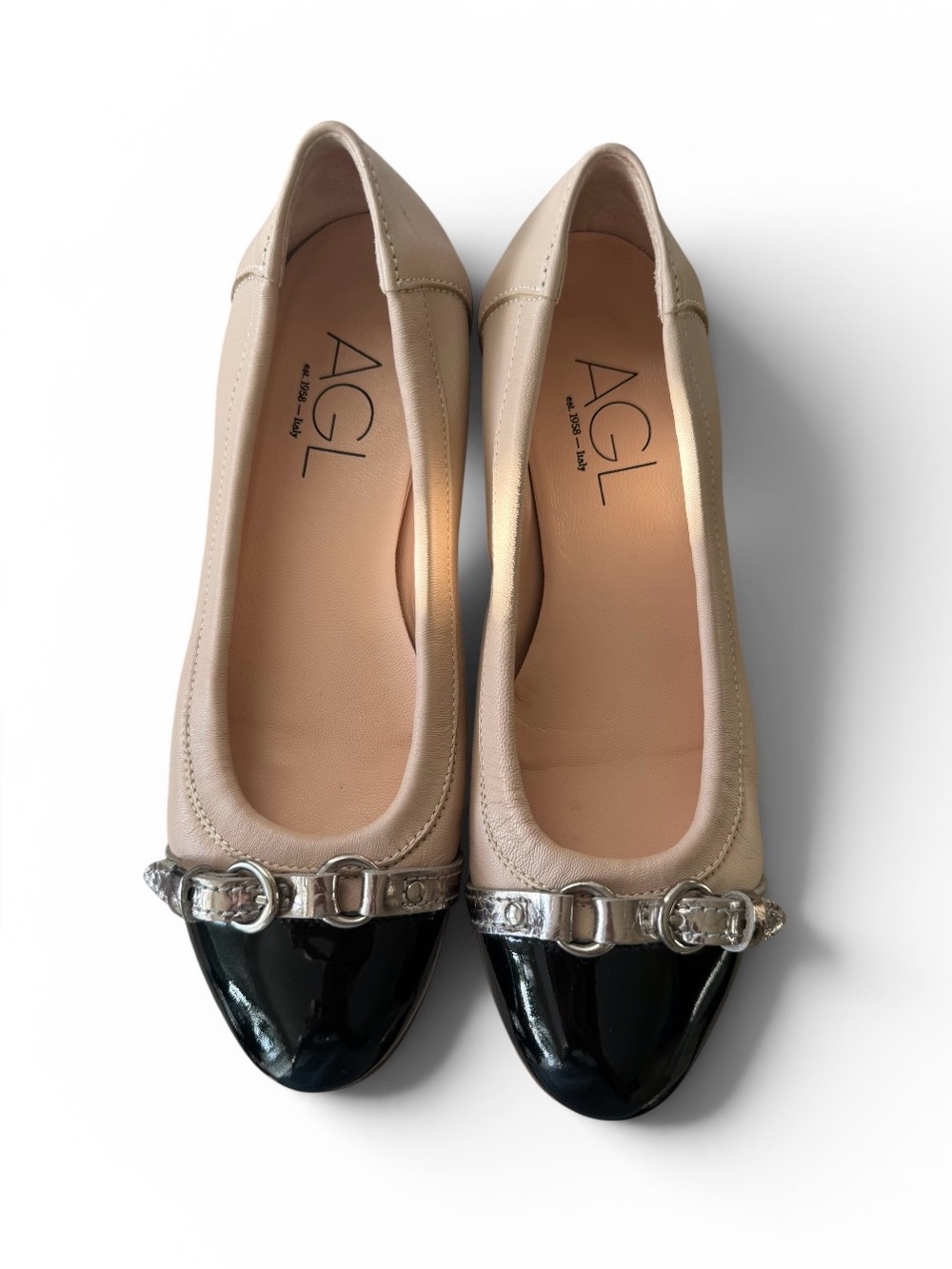 AGL Monika Cap Toe Ballet Flats Beige Black Leather US 6 EU 36